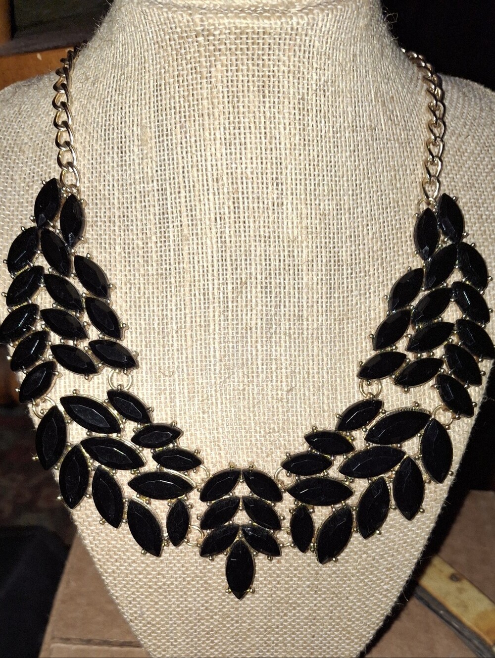 Elegant Black Statement Bib Necklace with Gold Chain Adjustable